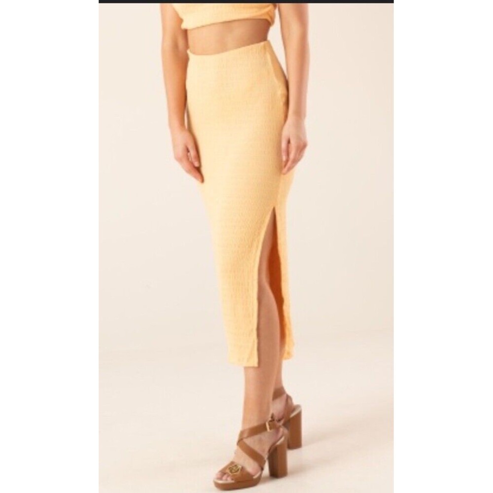 SomethingNew Yellow Stretch Shirred Midi Straight Skirt Side Slit Women M